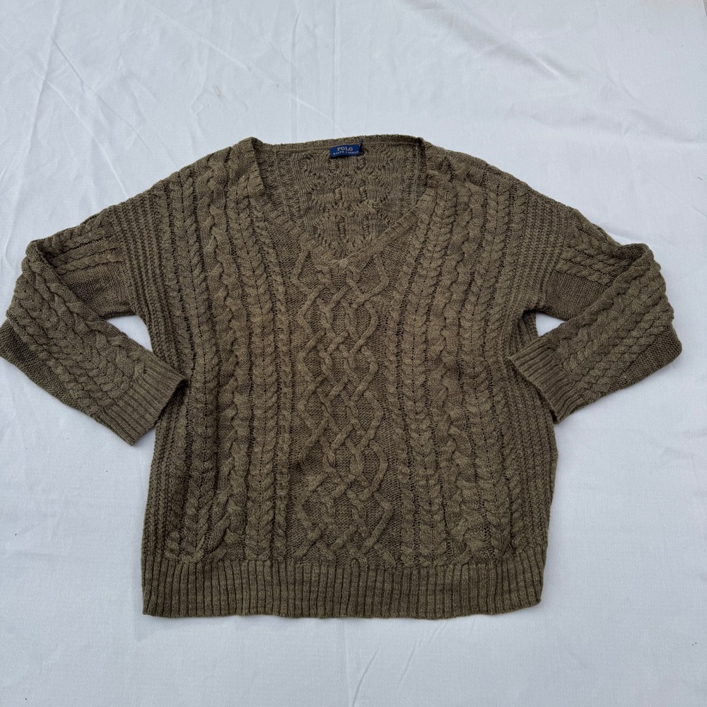 Polo Ralph Lauren Sweater M Olive Green Cable Knit Cotton Linen V-Neck Slouchy